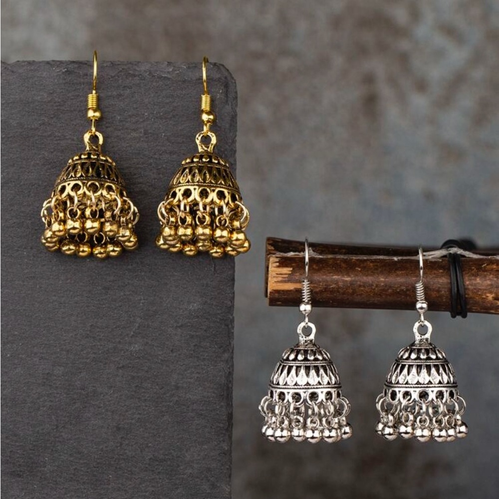 Gold and Silver Filigree Jhumka Earrings with Beads